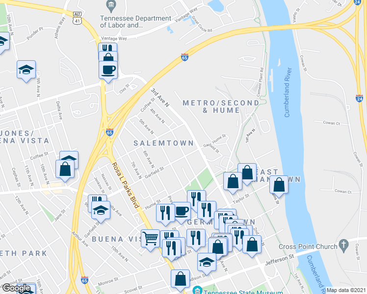 map of restaurants, bars, coffee shops, grocery stores, and more near 1703 4th Avenue North in Nashville