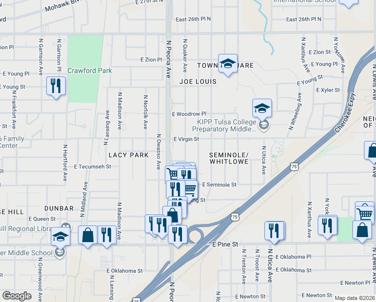 map of restaurants, bars, coffee shops, grocery stores, and more near 2008 North Quaker Avenue in Tulsa