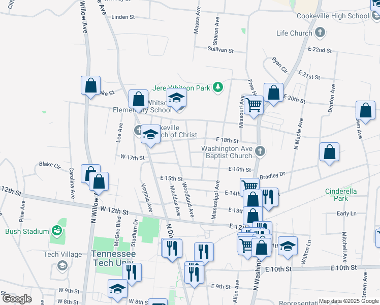 map of restaurants, bars, coffee shops, grocery stores, and more near 1638 Louisiana Avenue in Cookeville