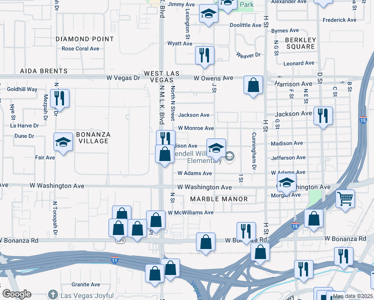 map of restaurants, bars, coffee shops, grocery stores, and more near 1301 Madison Avenue in Las Vegas