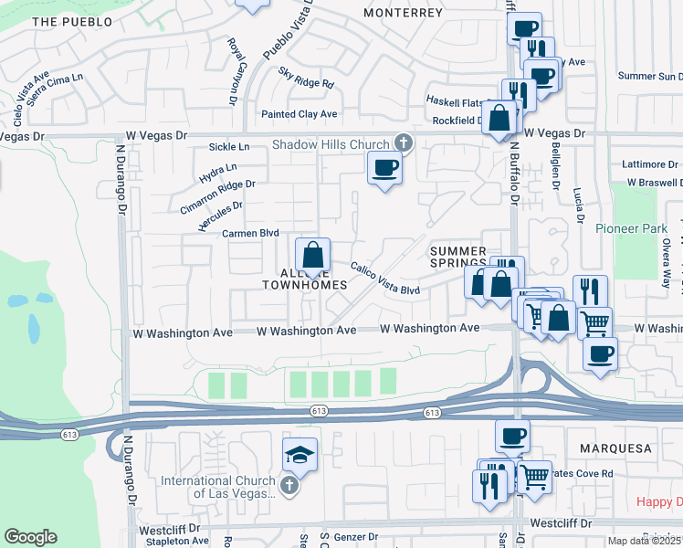 map of restaurants, bars, coffee shops, grocery stores, and more near 937 Falconhead Lane in Las Vegas