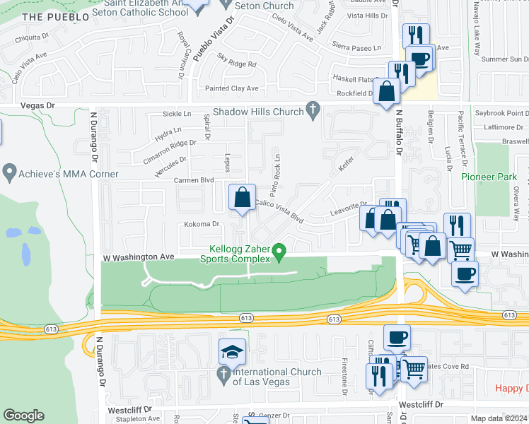 map of restaurants, bars, coffee shops, grocery stores, and more near 937 Falconhead Lane in Las Vegas