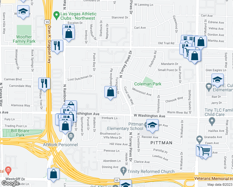 map of restaurants, bars, coffee shops, grocery stores, and more near 6401 Fresh Meadows Lane in Las Vegas