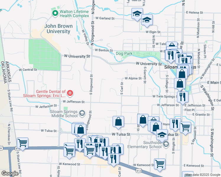 map of restaurants, bars, coffee shops, grocery stores, and more near West Twin Springs Street in Siloam Springs