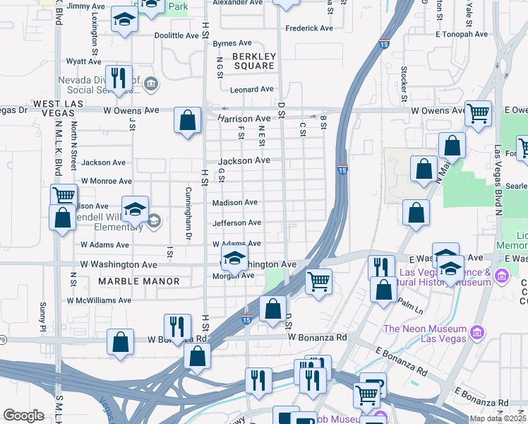 map of restaurants, bars, coffee shops, grocery stores, and more near North E Street in Las Vegas