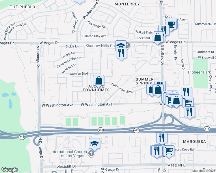 map of restaurants, bars, coffee shops, grocery stores, and more near 937 Falconhead Lane in Las Vegas