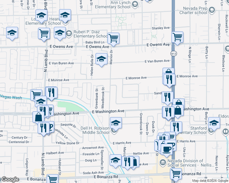 map of restaurants, bars, coffee shops, grocery stores, and more near 1112 Cold Stream Drive in Las Vegas