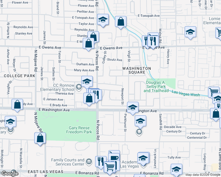 map of restaurants, bars, coffee shops, grocery stores, and more near 3601 Chevy Chase Avenue in Las Vegas