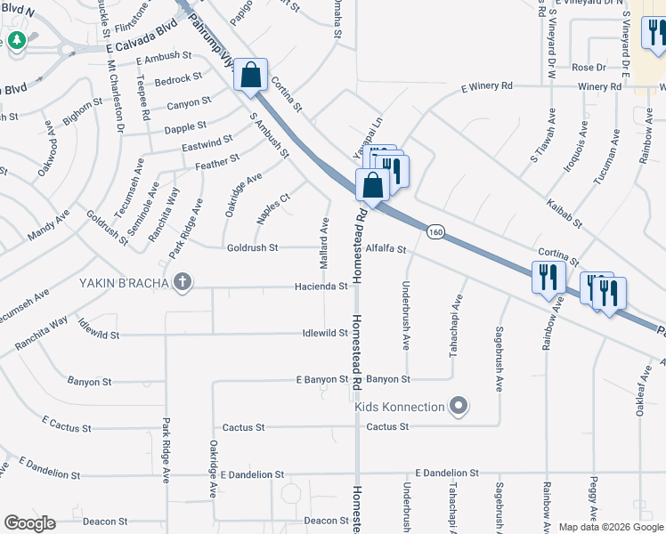 map of restaurants, bars, coffee shops, grocery stores, and more near 2501 Mallard Avenue in Pahrump