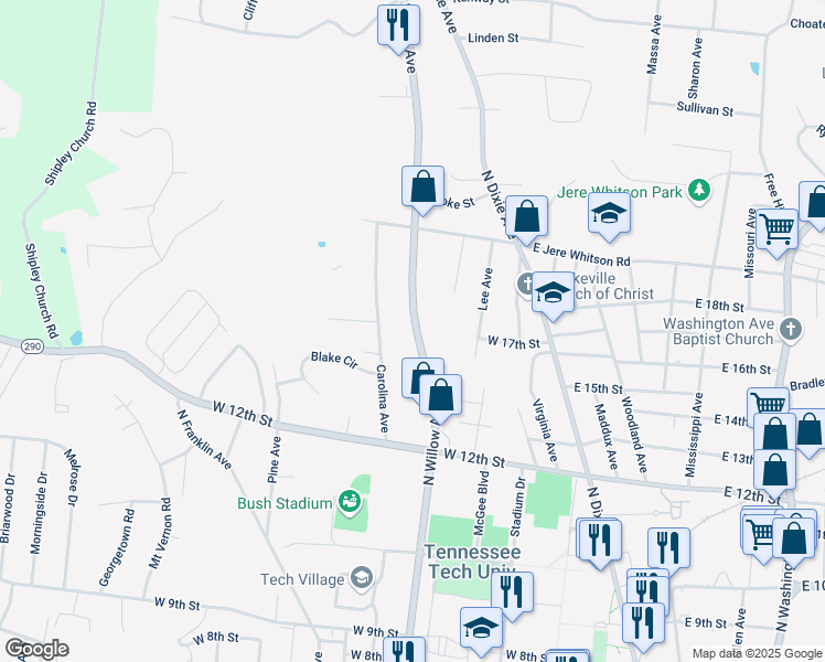 map of restaurants, bars, coffee shops, grocery stores, and more near 1450 North Willow Avenue in Cookeville
