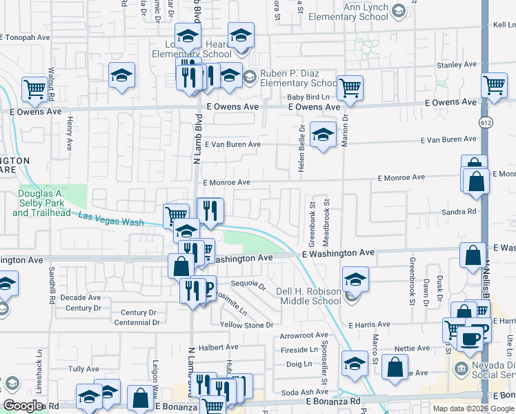 map of restaurants, bars, coffee shops, grocery stores, and more near 1111 North Lamb Boulevard in Las Vegas