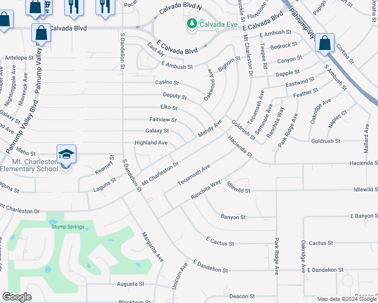 map of restaurants, bars, coffee shops, grocery stores, and more near 730 Mount Charleston Drive in Pahrump