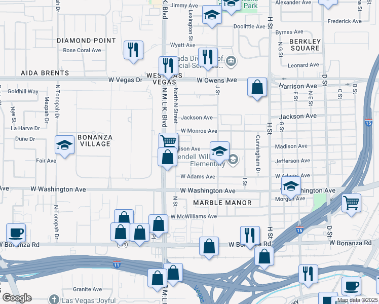 map of restaurants, bars, coffee shops, grocery stores, and more near 1301 Madison Avenue in Las Vegas