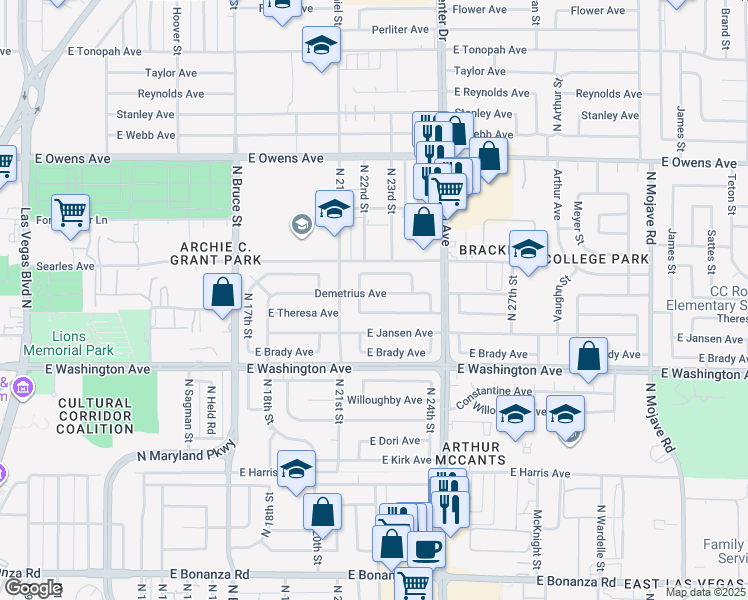 map of restaurants, bars, coffee shops, grocery stores, and more near 2208 Demetrius Avenue in Las Vegas