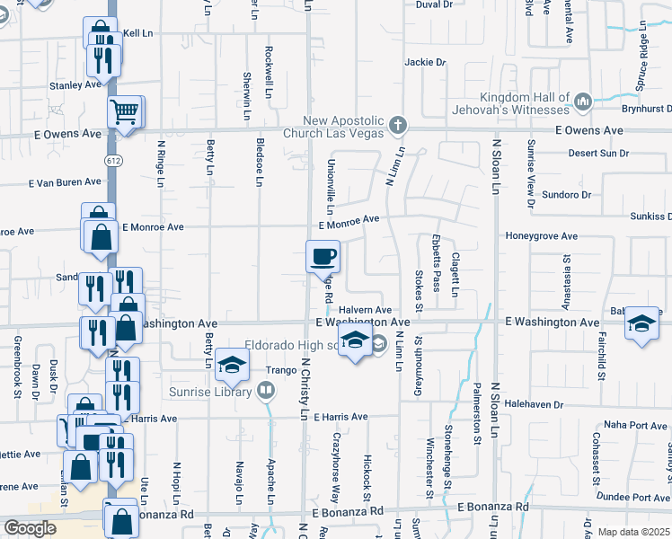 map of restaurants, bars, coffee shops, grocery stores, and more near 1280 Jarbridge Road in Las Vegas
