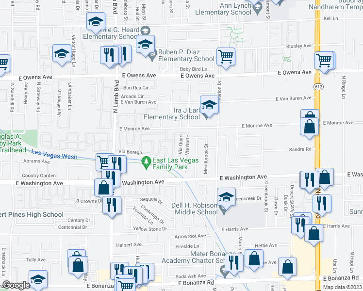 map of restaurants, bars, coffee shops, grocery stores, and more near Via Norte in Las Vegas