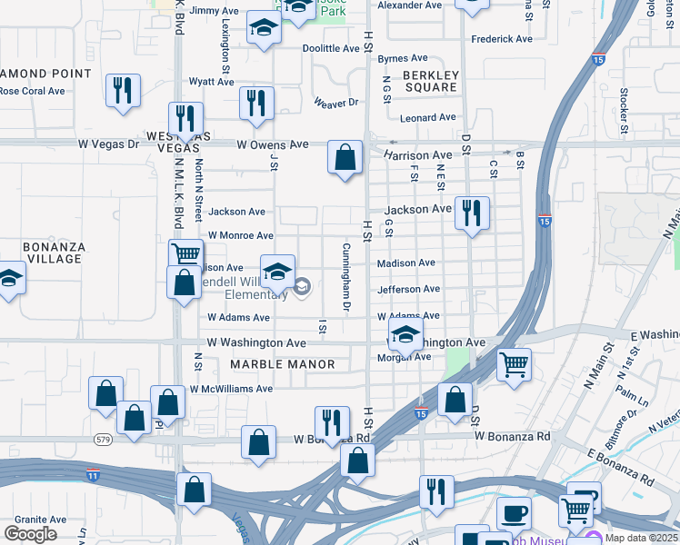 map of restaurants, bars, coffee shops, grocery stores, and more near 1102 I Street in Las Vegas