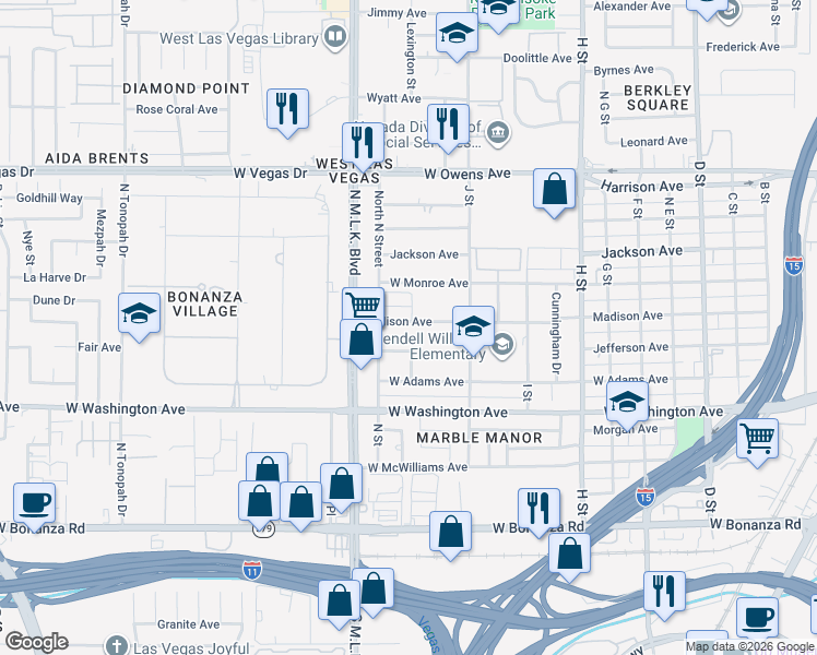 map of restaurants, bars, coffee shops, grocery stores, and more near 1226 Jefferson Avenue in Las Vegas