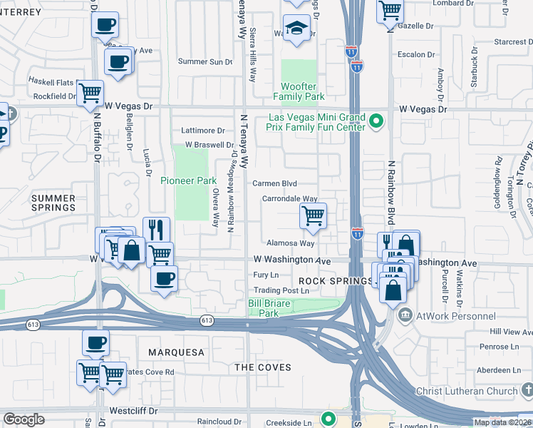 map of restaurants, bars, coffee shops, grocery stores, and more near 7112 Rawlins Court in Las Vegas