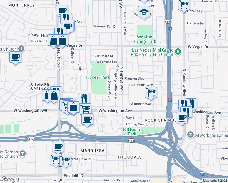 map of restaurants, bars, coffee shops, grocery stores, and more near 1020 Olvera Way in Las Vegas