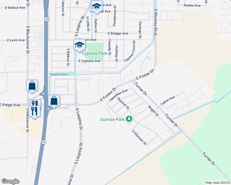 map of restaurants, bars, coffee shops, grocery stores, and more near 1799 Henshaw Avenue in Tulare