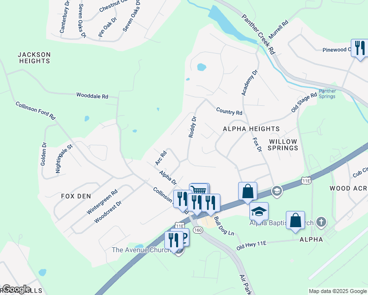 map of restaurants, bars, coffee shops, grocery stores, and more near 675 Roddy Drive in Morristown