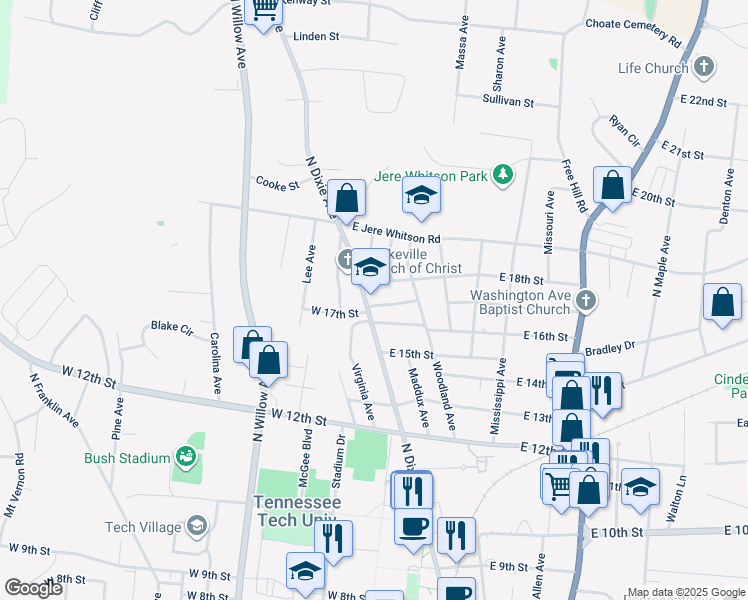 map of restaurants, bars, coffee shops, grocery stores, and more near 1615 North Dixie Avenue in Cookeville
