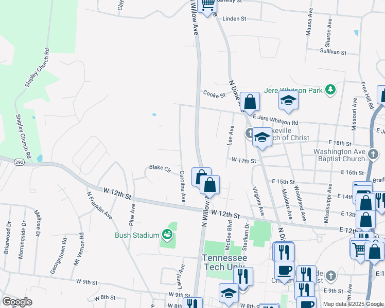 map of restaurants, bars, coffee shops, grocery stores, and more near 1340 North Willow Avenue in Cookeville