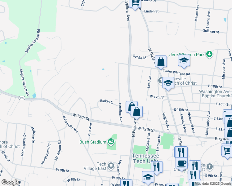 map of restaurants, bars, coffee shops, grocery stores, and more near 408 Peck Drive in Cookeville
