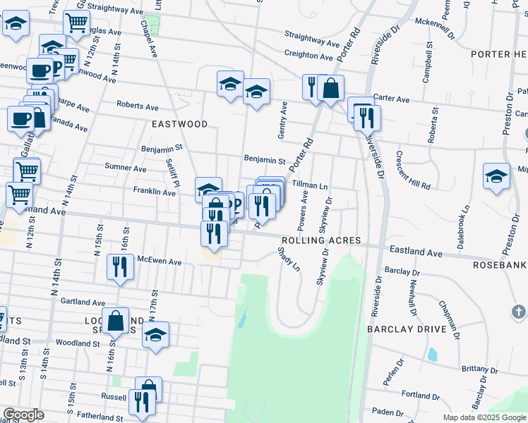 map of restaurants, bars, coffee shops, grocery stores, and more near 702 Porter Road in Nashville
