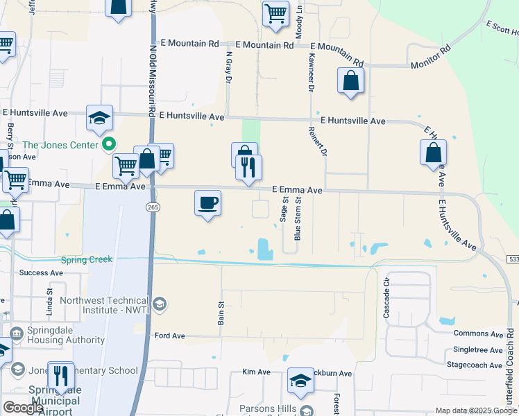 map of restaurants, bars, coffee shops, grocery stores, and more near 1907 East Emma Avenue in Springdale