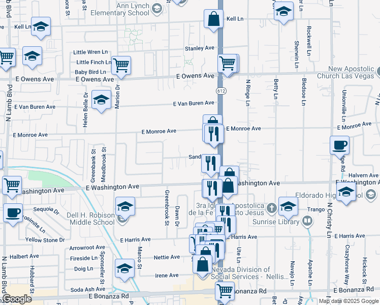 map of restaurants, bars, coffee shops, grocery stores, and more near 4998 Sandra Road in Las Vegas