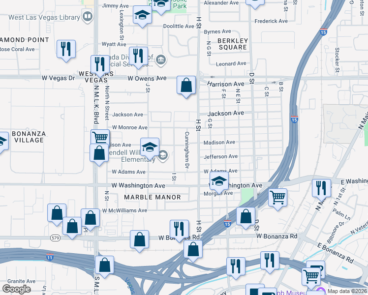 map of restaurants, bars, coffee shops, grocery stores, and more near 1117 Cunningham Drive in Las Vegas