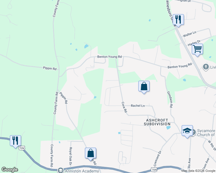 map of restaurants, bars, coffee shops, grocery stores, and more near 500 Cora Road in Cookeville