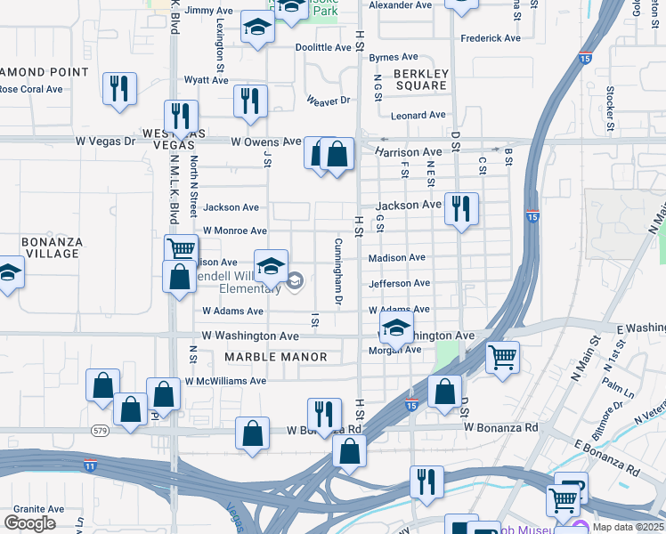 map of restaurants, bars, coffee shops, grocery stores, and more near 1102 I Street in Las Vegas