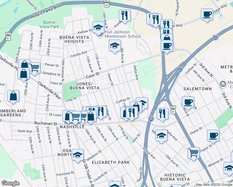 map of restaurants, bars, coffee shops, grocery stores, and more near 1902 11th Avenue North in Nashville