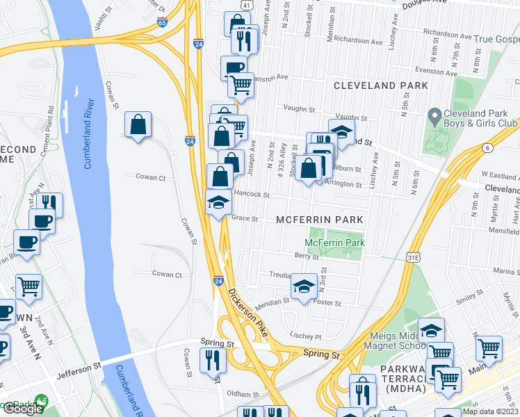 map of restaurants, bars, coffee shops, grocery stores, and more near 700 North 2nd Street in Nashville