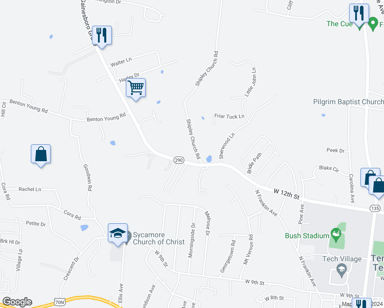 map of restaurants, bars, coffee shops, grocery stores, and more near 1335 Gainesboro Grade in Cookeville
