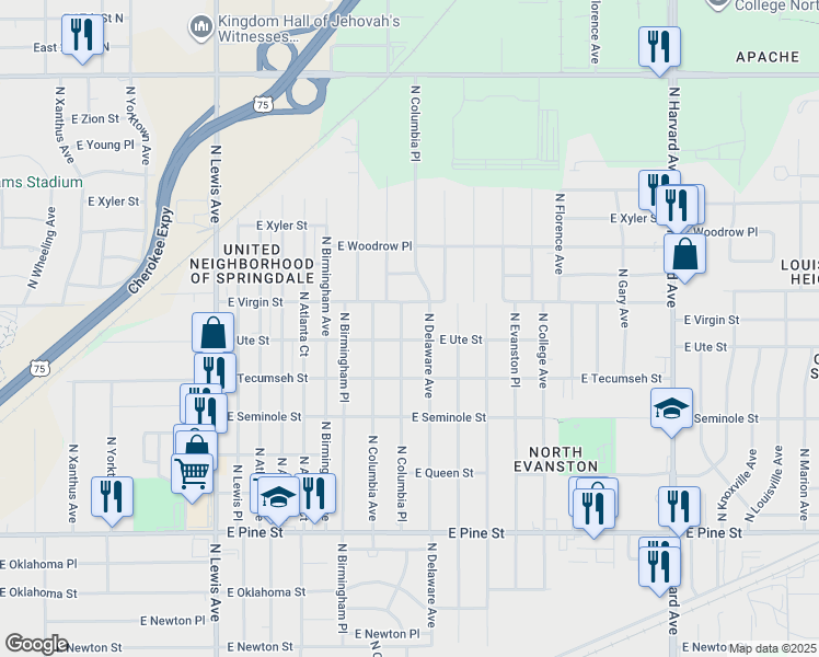 map of restaurants, bars, coffee shops, grocery stores, and more near 1933 North Columbia Place in Tulsa