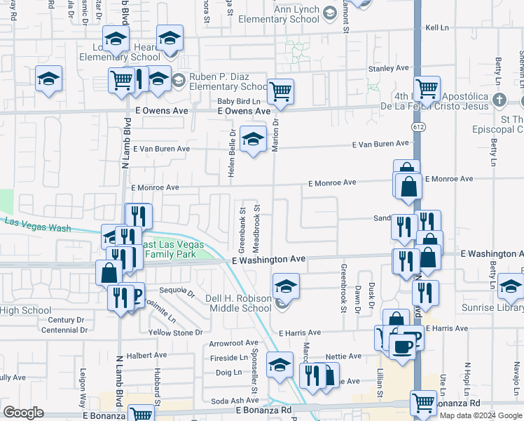 map of restaurants, bars, coffee shops, grocery stores, and more near 1201 Meadbrook Street in Las Vegas