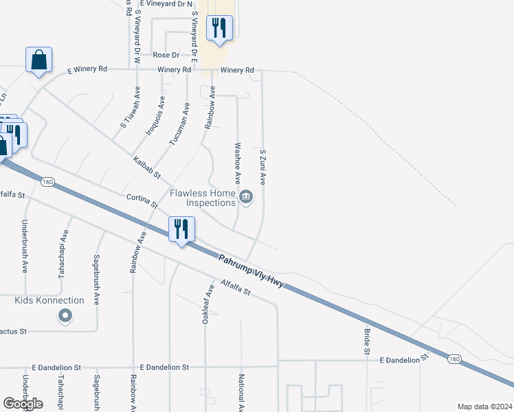 map of restaurants, bars, coffee shops, grocery stores, and more near 2480 South Zuni Avenue in Pahrump