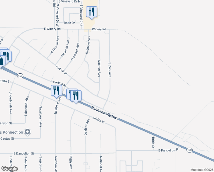 map of restaurants, bars, coffee shops, grocery stores, and more near 2480 South Zuni Avenue in Pahrump