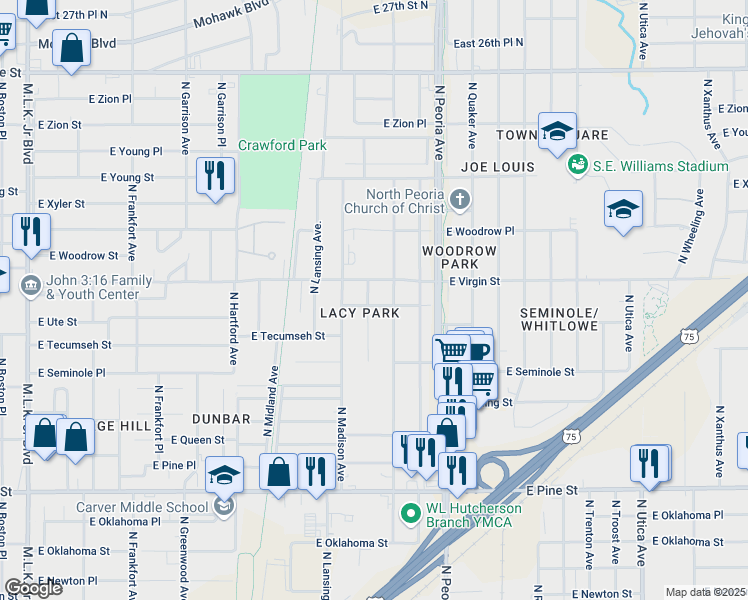 map of restaurants, bars, coffee shops, grocery stores, and more near 1872 North Madison Place in Tulsa