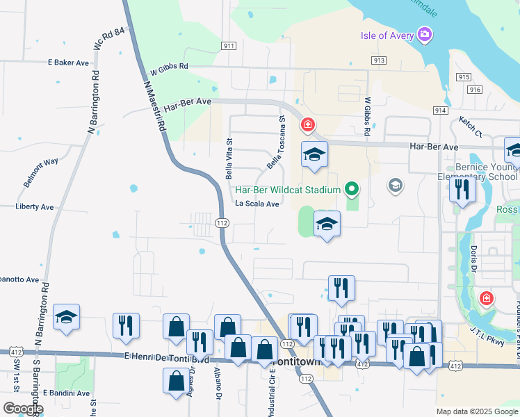 map of restaurants, bars, coffee shops, grocery stores, and more near 8145 La Scala Ave in Springdale