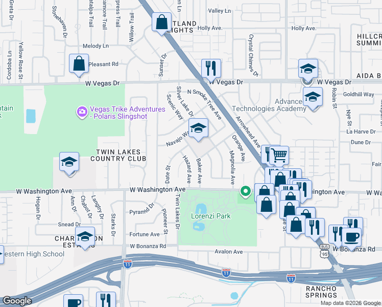 map of restaurants, bars, coffee shops, grocery stores, and more near 1017 Baker Avenue in Las Vegas