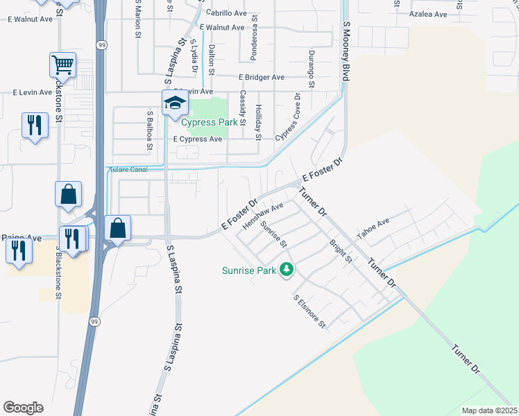 map of restaurants, bars, coffee shops, grocery stores, and more near 1799 Henshaw Avenue in Tulare