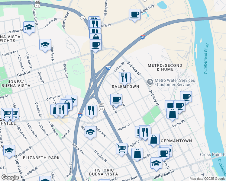 map of restaurants, bars, coffee shops, grocery stores, and more near 1725C 7th Avenue North in Nashville