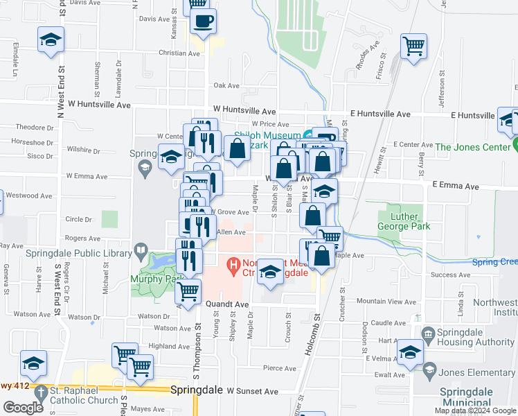 map of restaurants, bars, coffee shops, grocery stores, and more near 205 Main Street in Springdale
