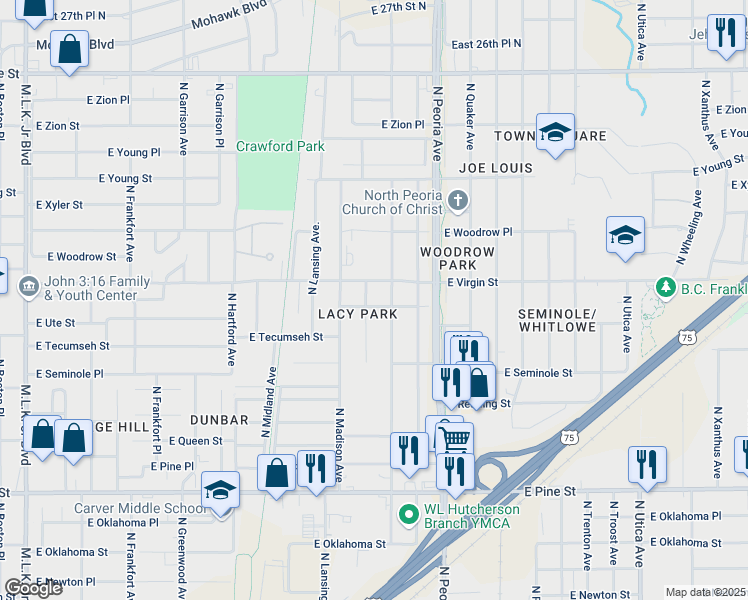 map of restaurants, bars, coffee shops, grocery stores, and more near 1872 North Madison Place in Tulsa