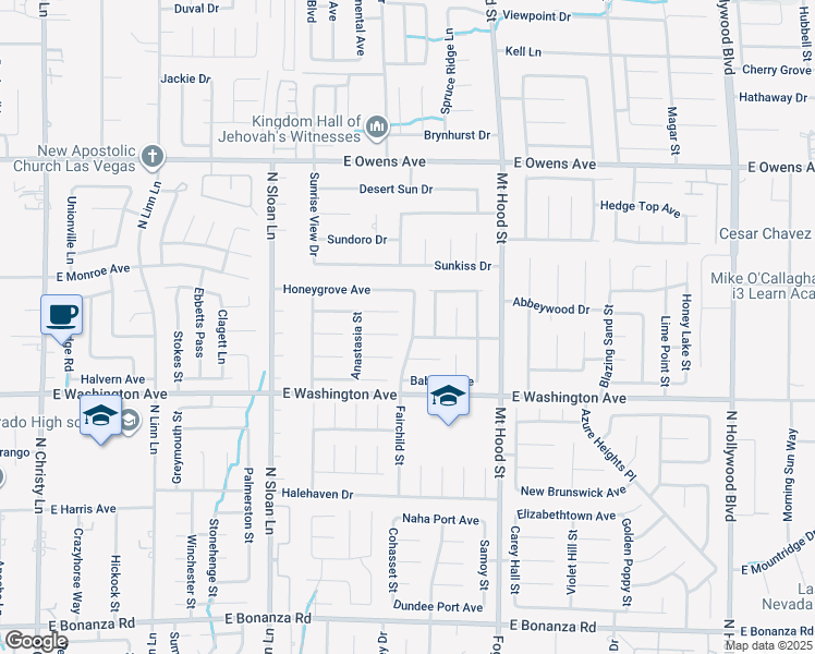 map of restaurants, bars, coffee shops, grocery stores, and more near 1325 Fairchild Street in Las Vegas